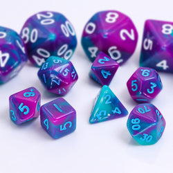 Teal Purple Blend 7-Dice Mini-Dice RPG Set w/Blue Numbers Miniature Dice (Online Only)