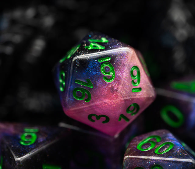 Purple & Blue w/green Galaxy Glitter 7-Dice Set RPG (Online Only)