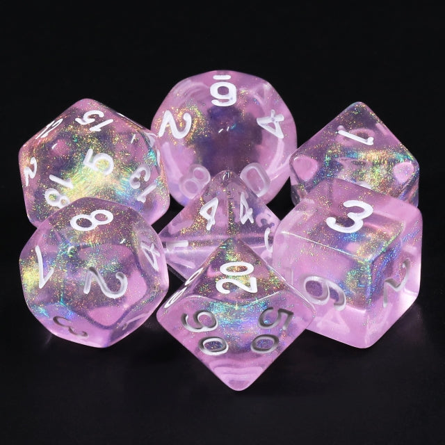 Candy Luxury (formerly Barbie Pink) Glitter with White Numbering 7-Dice Set RPG (Online Only)