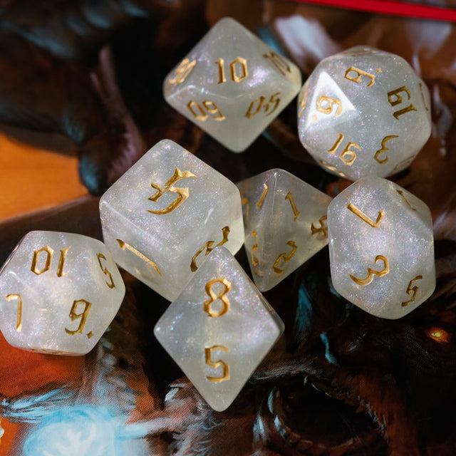 Glitter Party White Glitter Dice (Gold font) 7-Dice Set RPG DND (Online Only)