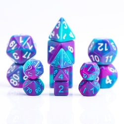 Teal Purple Blend 7-Dice Mini-Dice RPG Set w/Blue Numbers Miniature Dice (Online Only)