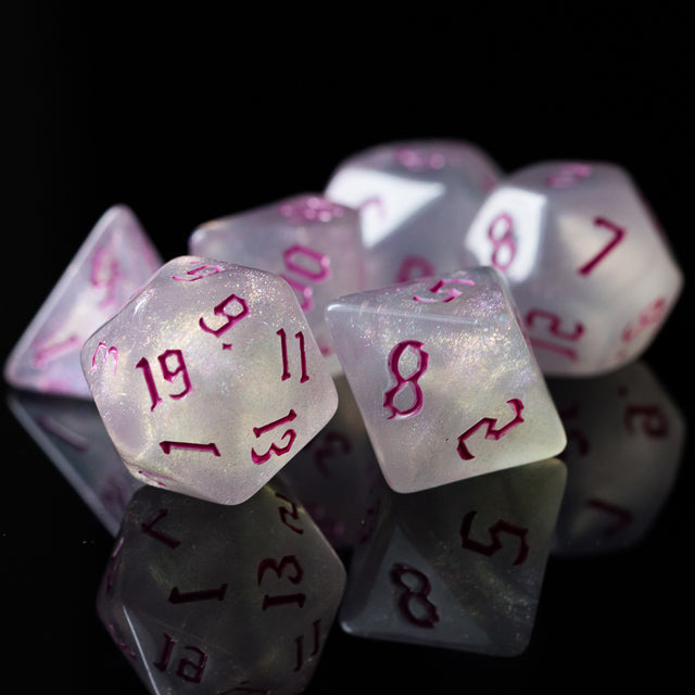 Glitter Party White Glitter Dice (Pink font) 7-Dice Set RPG DND (Online Only)