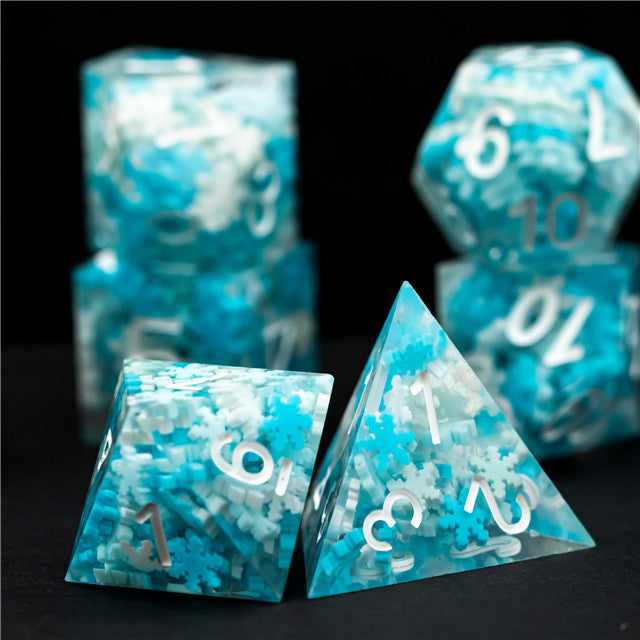 Snowflake Sharp Edge DND Dice Set | White & Blue w/White Numbers (Online Only)