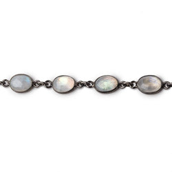 9x7mm Rainbow Moonstone Faceted Oval Cabochon Black Gold .925 Bezeled Chain