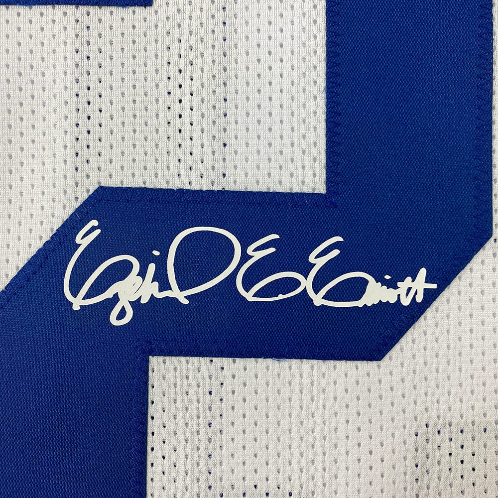 Framed Facsimile Autographed Ezekiel Elliott 35x39 Dallas White Reprint Laser Auto Football Jersey Size Men's XL (ONLINE ORDER ONLY)