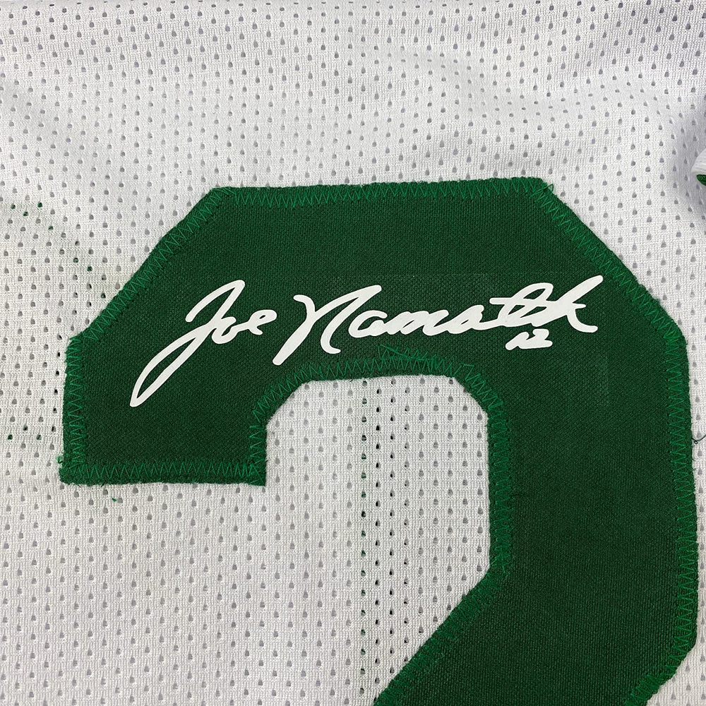 Framed Facsimile Autographed Joe Namath 35x39 New York White Reprint Laser Auto Football Jersey (ONLINE ORDER ONLY)