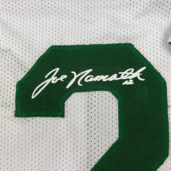 Framed Facsimile Autographed Joe Namath 35x39 New York White Reprint Laser Auto Football Jersey (ONLINE ORDER ONLY)