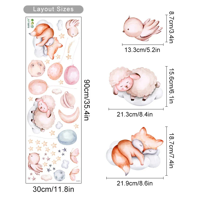 Cute Pink Baby Sheep Moon Cloud Watercolor Nursery Wall Decal (ONLINE ORDER ONLY)