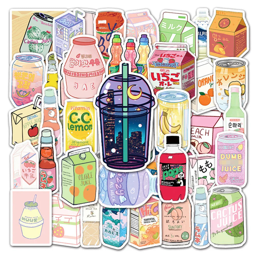 Cartoon Drink Stickers 10/30/50pcs Waterproof Laptop Guitar Fridge Bike Toy Wholesale (Online Order Only)