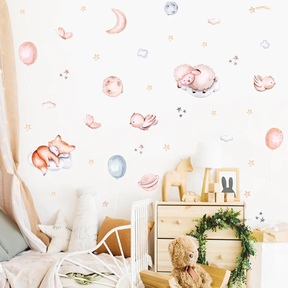 Cute Pink Baby Sheep Moon Cloud Watercolor Nursery Wall Decal (ONLINE ORDER ONLY)