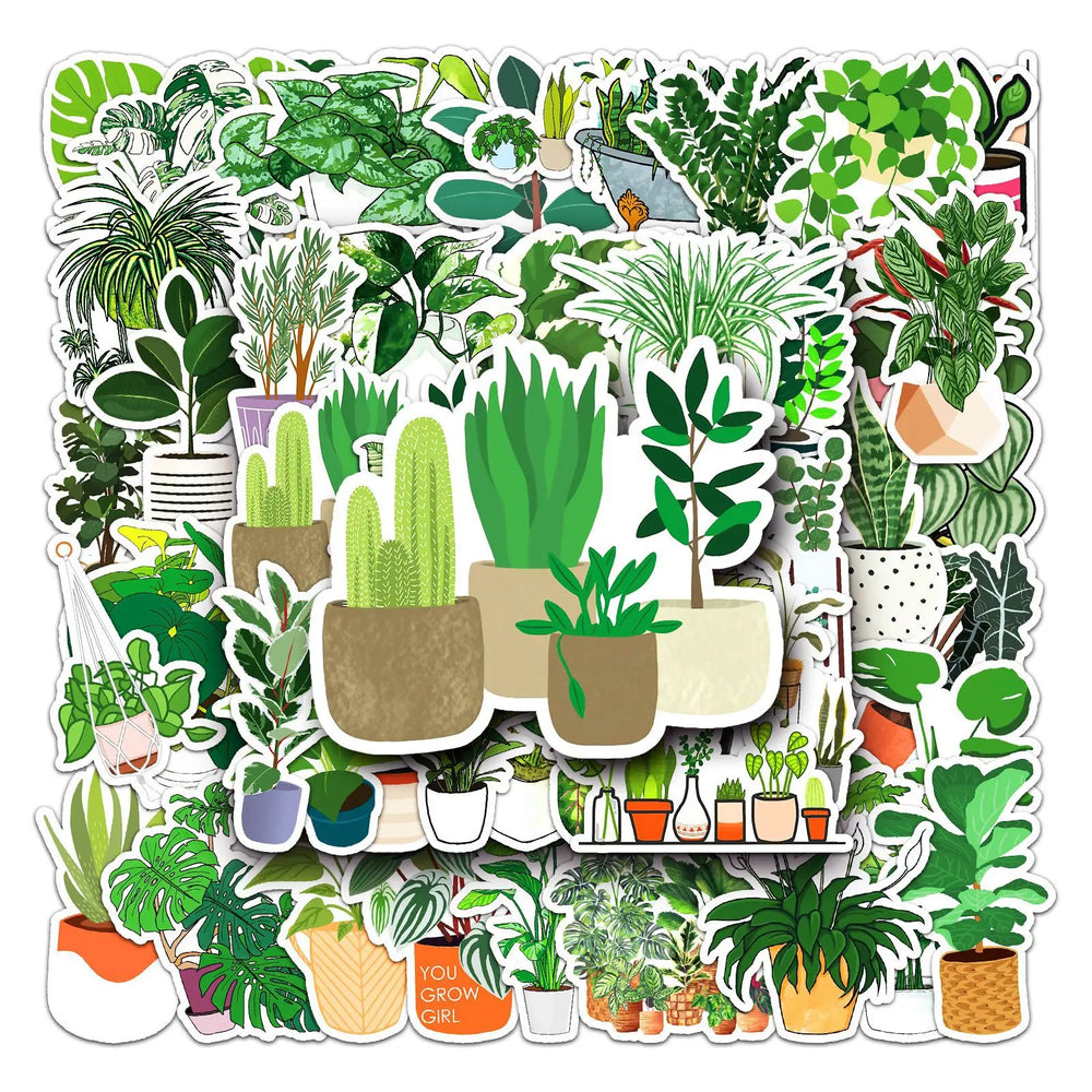 Green Plant Stickers Set: Waterproof Cartoon Decals for Laptop, Luggage, Phone, Car, Fridge (Online Order Only)
