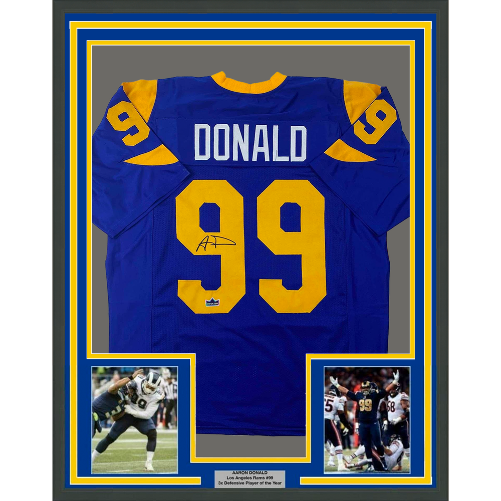 Framed Facsimile Autographed Aaron Donald 35x39 Los Angeles LA Royal Blue Retro Reprint Laser Auto Football Jersey (ONLINE ORDER ONLY)