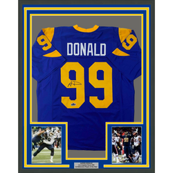 Framed Facsimile Autographed Aaron Donald 35x39 Los Angeles LA Royal Blue Retro Reprint Laser Auto Football Jersey (ONLINE ORDER ONLY)