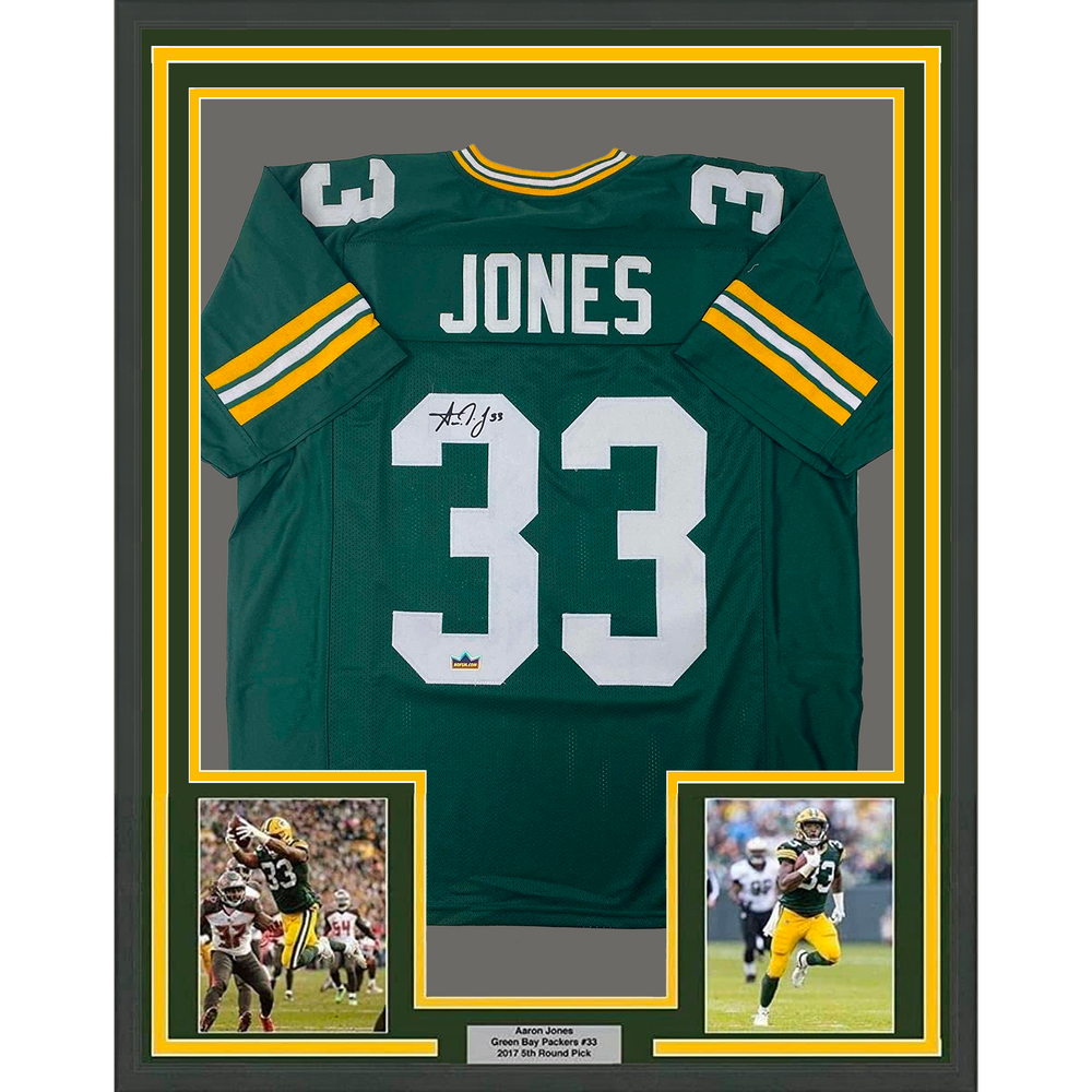 Framed Facsimile Autographed Aaron Jones 35x39 Green Bay Green Reprint Laser Auto Football Jersey (ONLINE ORDER ONLY)