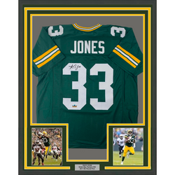 Framed Facsimile Autographed Aaron Jones 35x39 Green Bay Green Reprint Laser Auto Football Jersey (ONLINE ORDER ONLY)
