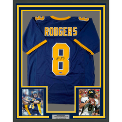 Framed Facsimile Autographed Aaron Rodgers 35x39 Cal California Blue Reprint Laser Auto College Football Jersey Size Men's XL (ONLINE ORDER ONLY)