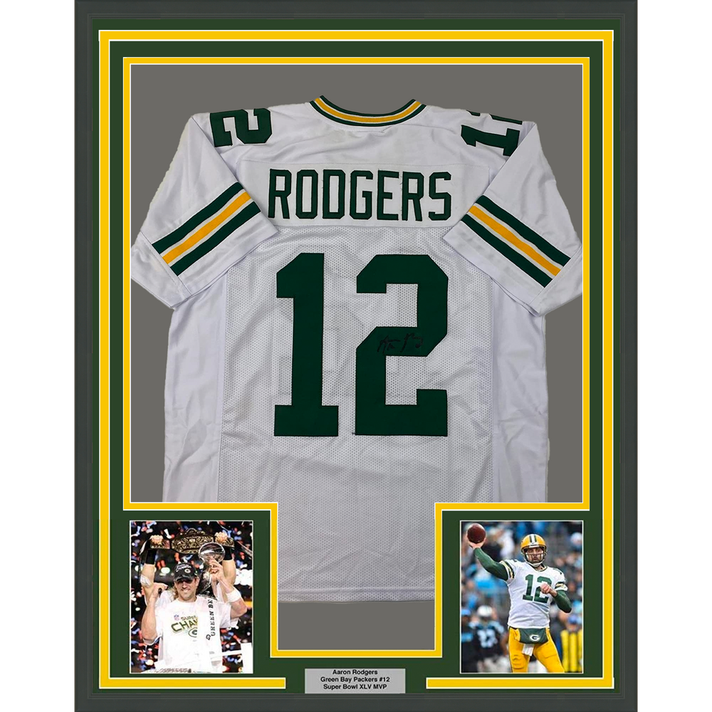 Framed Facsimile Autographed Aaron Rodgers 35x39 Green Bay White Reprint Laser Auto Football Jersey Size Men's XL (ONLINE ORDER ONLY)