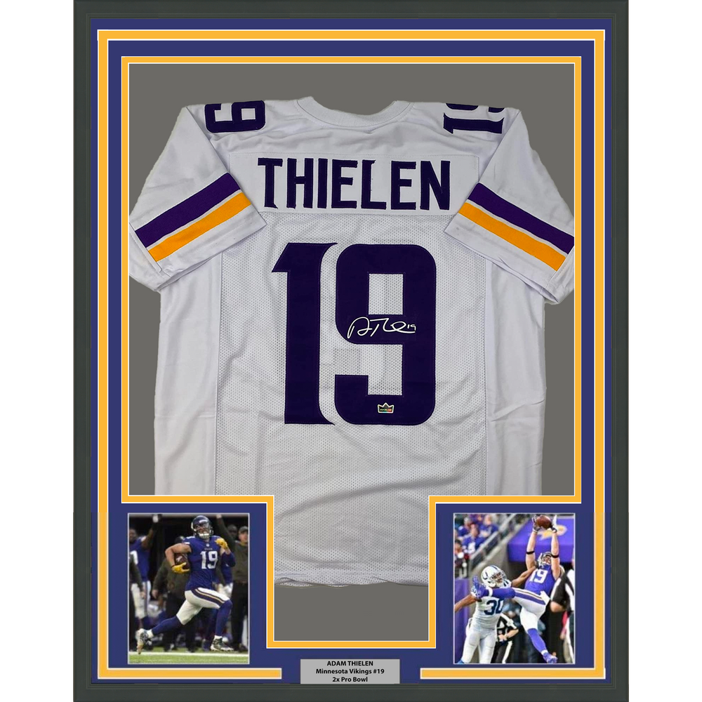Framed Facsimile Autographed Adam Thielen 35x39 Minnesota White Reprint Laser Auto Football Jersey (ONLINE ORDER ONLY)