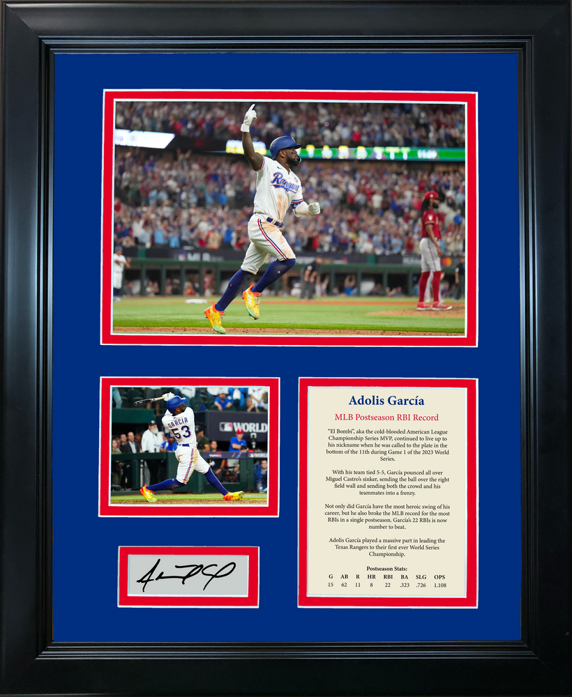Framed Adolis Garcia MLB Postseason RBI Record Facsimile Laser Engraved Signature Auto Texas Rangers 11"x14"Baseball Photo Sig Collage (ONLINE ORDER ONLY)