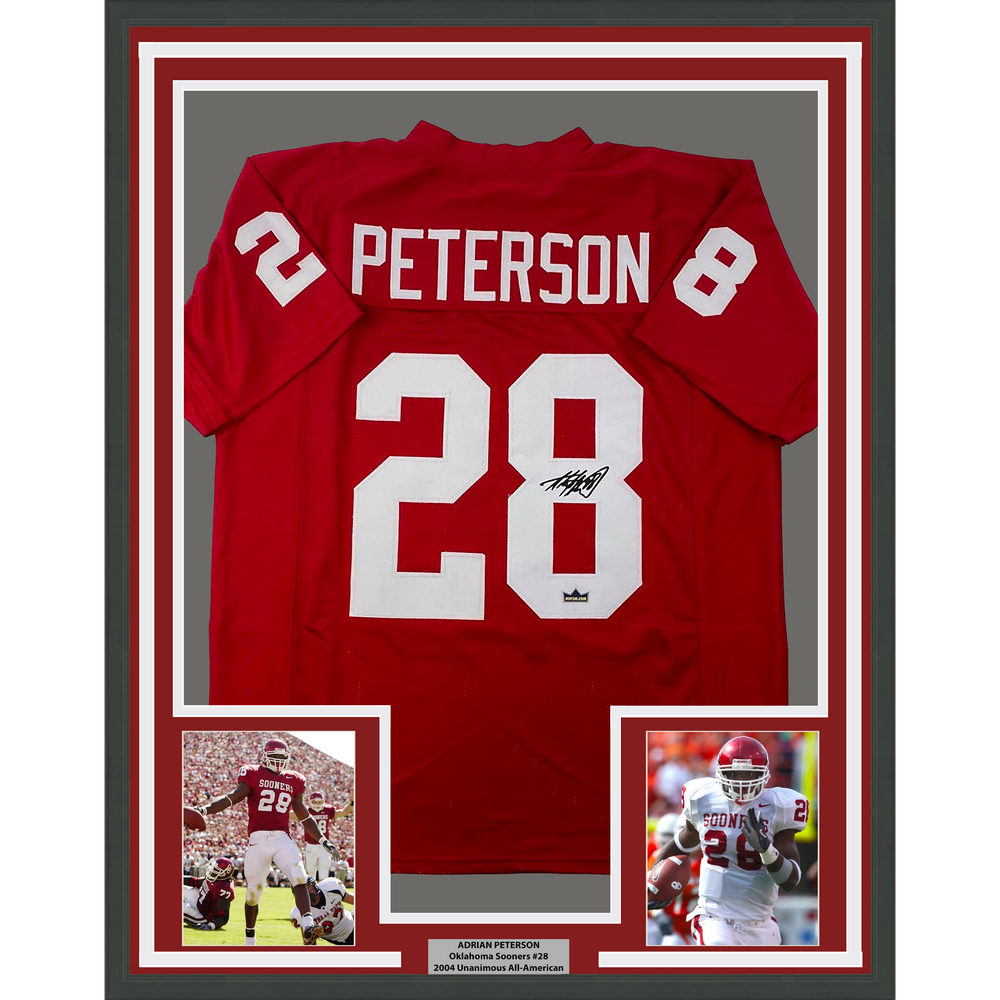 Framed Facsimile Autographed Adrian Peterson 35x39 Oklahoma Red Reprint Laser Auto College Football Jersey (ONLINE ORDER ONLY)