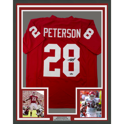 Framed Facsimile Autographed Adrian Peterson 35x39 Oklahoma Red Reprint Laser Auto College Football Jersey (ONLINE ORDER ONLY)