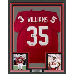 Framed Facsimile Autographed Aeneas Williams 35x39 Arizona Red Reprint Laser Auto Football Jersey Size Men's XL (ONLINE ORDER ONLY)