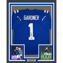 Framed Autographed/Signed Ahmad Sauce Gardner 35x39 Indianapolis Blue Football Jersey Beckett BAS COA