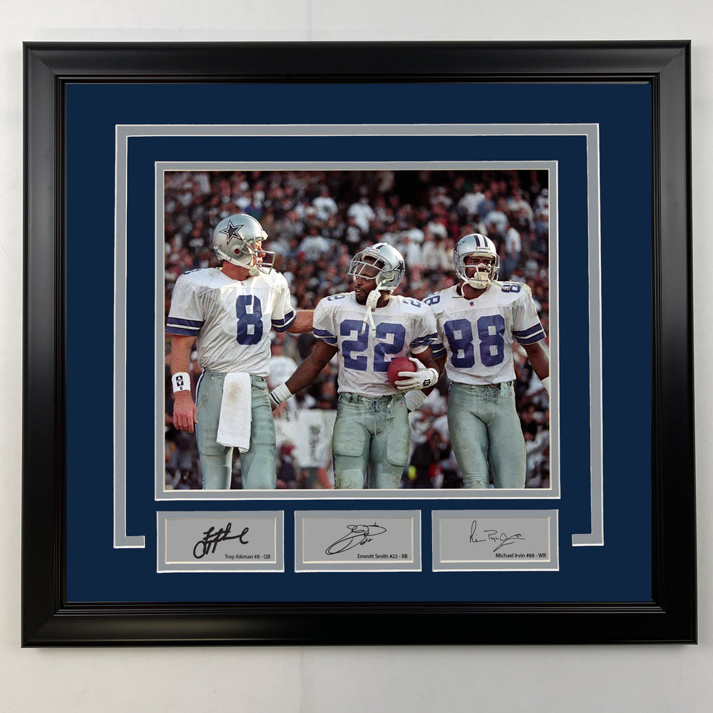 Framed Troy Aikman, Emmitt Smith and Michael Irvin Facsimile Laser Engraved Signatures Dallas Cowboys 19x21 Football Photo (ONLINE ORDER ONLY)