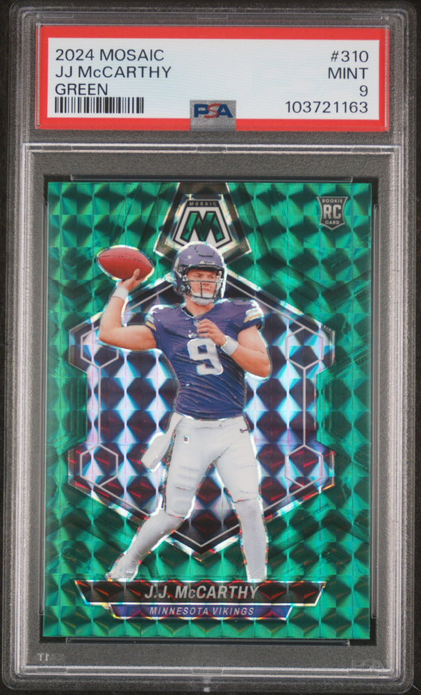 Graded 2024 Panini Mosaic JJ McCarthy #310 Green Rookie RC Football Card PSA 9 Mint (ONLINE ORDER ONLY)