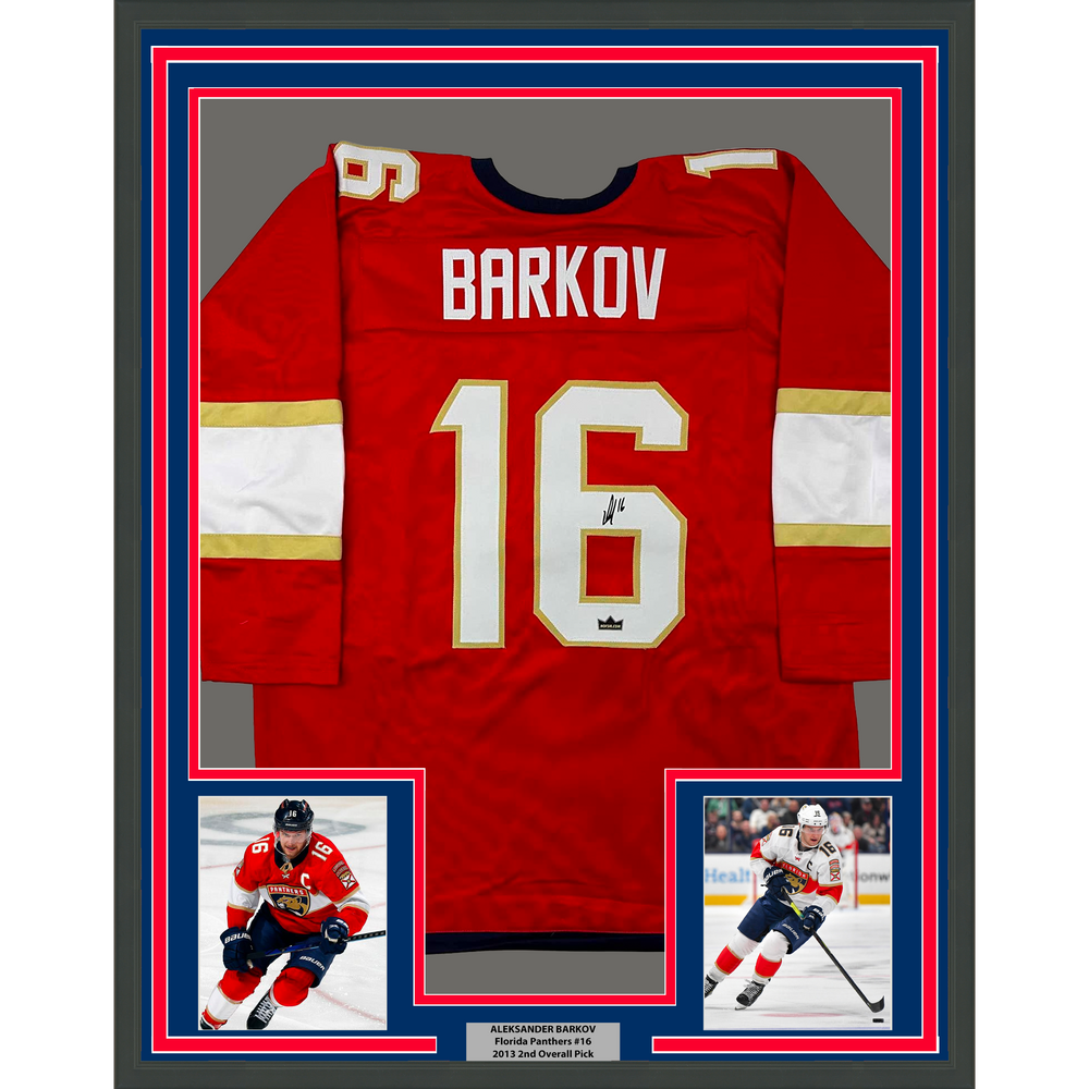 Framed Facsimile Autographed Aleksander Barkov 35x39 Florida Red Reprint Laser Auto Hockey Jersey (ONLINE ORDER ONLY)