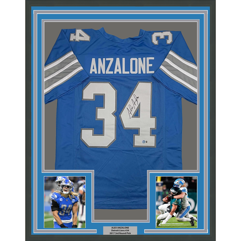 Framed Autographed/Signed Alex Anzalone 35x39 Detroit Blue Football Jersey Beckett BAS COA
