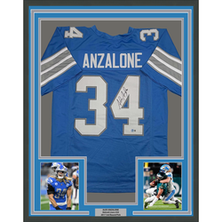 Framed Autographed/Signed Alex Anzalone 35x39 Detroit Blue Football Jersey Beckett BAS COA