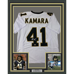 Framed Facsimile Autographed Alvin Kamara 35x39 New Orleans White Reprint Laser Auto Football Jersey (ONLINE ORDER ONLY)
