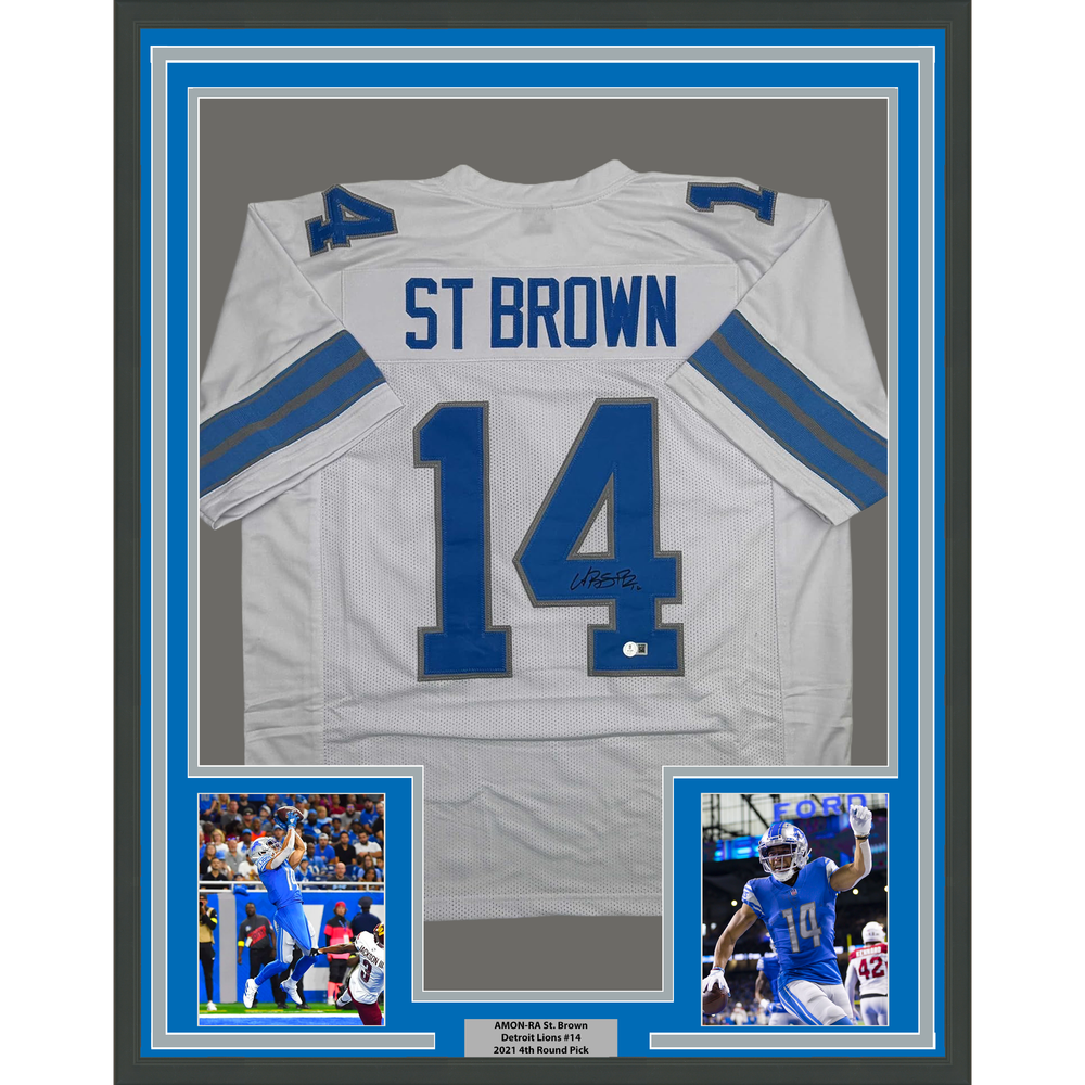 Framed Autographed/Signed Amon-Ra St. Brown 35x39 Detroit White Football Jersey Beckett BAS COA