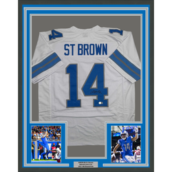 Framed Autographed/Signed Amon-Ra St. Brown 35x39 Detroit White Football Jersey Beckett BAS COA