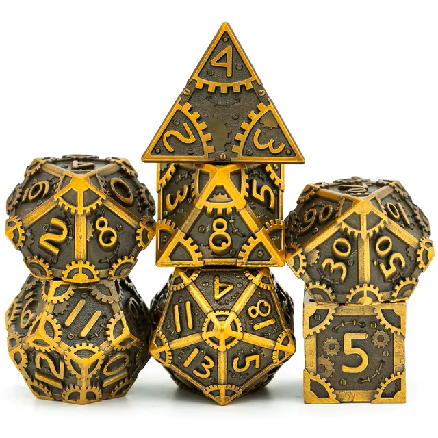 Metal Steampunk Style 7 Piece Polyhedral Dice Set With Bag (Online Order Only)