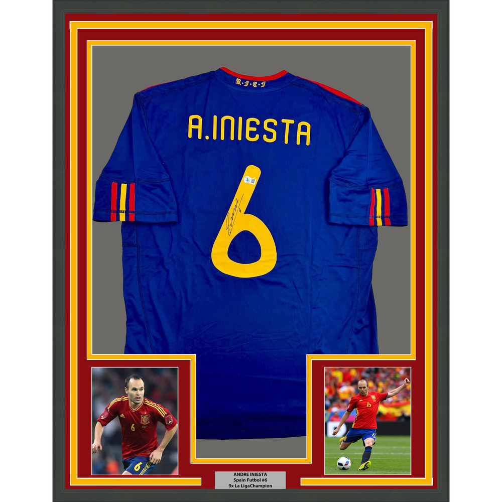 Framed Autographed/Signed Andres Iniesta 35x39 Spain Blue World Cup Soccer Futbol Jersey Beckett BAS COA