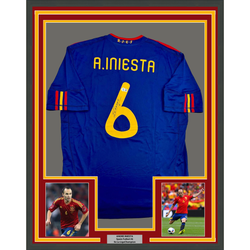 Framed Autographed/Signed Andres Iniesta 35x39 Spain Blue World Cup Soccer Futbol Jersey Beckett BAS COA