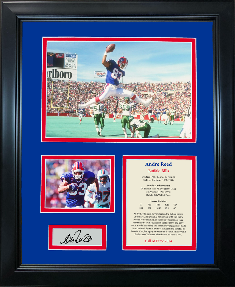 Framed Andre Reed Hall of Fame Facsimile Laser Engraved Signature Auto Buffalo Bills 11"x14"Football Photo Sig Collage (ONLINE ORDER ONLY)