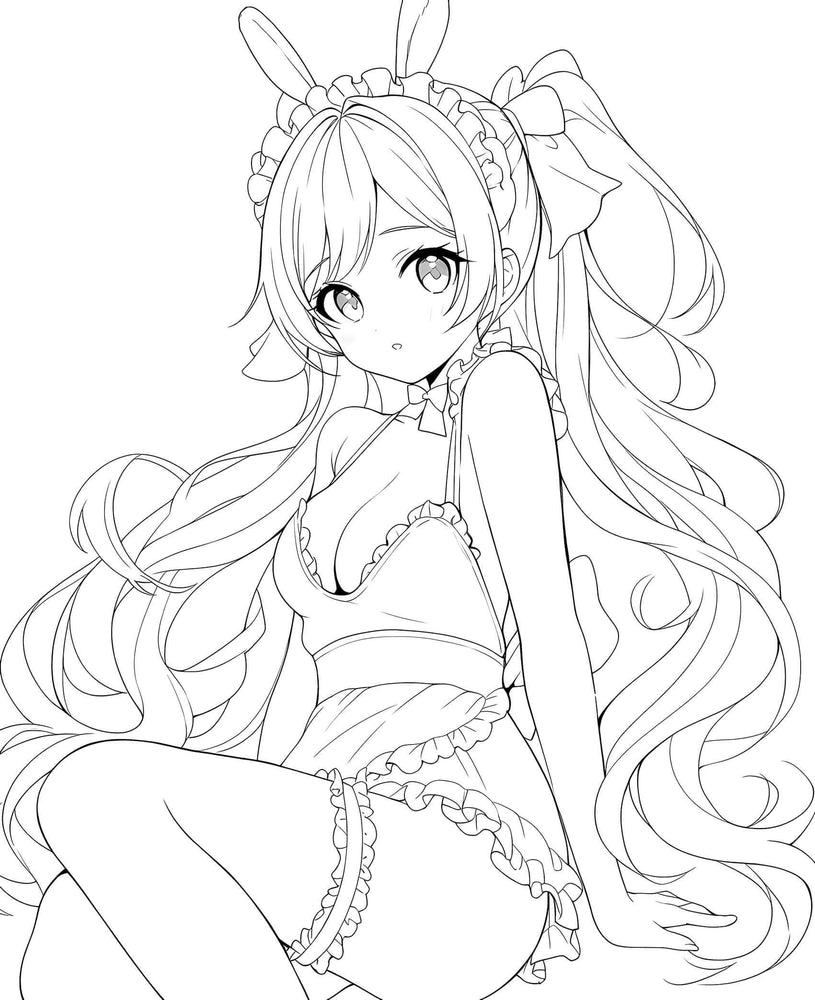 Alluring Anime Bunny Girl Waifu Coloring Page: Seated Lingerie Pose (ONLINE ORDER ONLY)