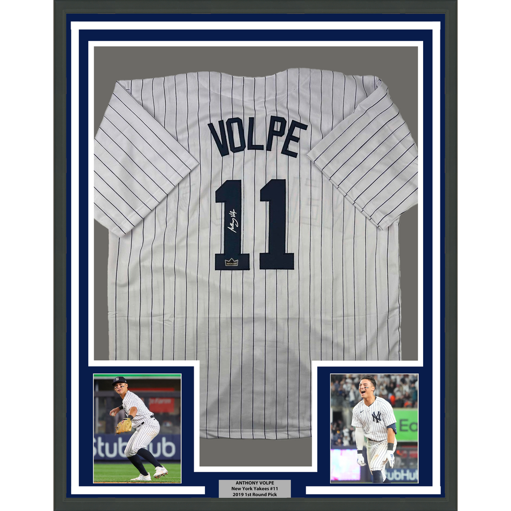 Framed Facsimile Autographed Anthony Volpe 35x39 New York Pinstripe Reprint Laser Auto Baseball Jersey (ONLINE ORDER ONLY)