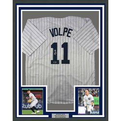 Framed Facsimile Autographed Anthony Volpe 35x39 New York Pinstripe Reprint Laser Auto Baseball Jersey (ONLINE ORDER ONLY)