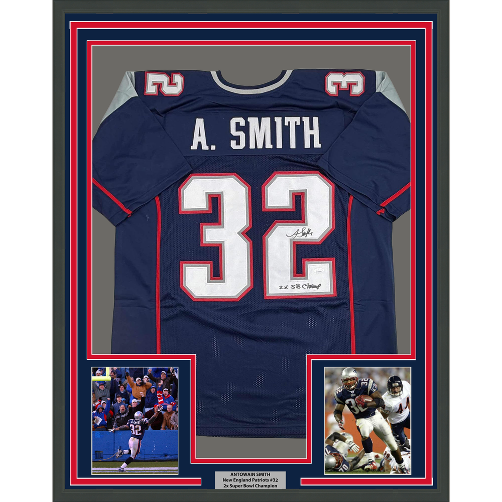 Framed Autographed/Signed Antowain Smith 35x39 2x SB Champ New England Blue Football Jersey JSA COA