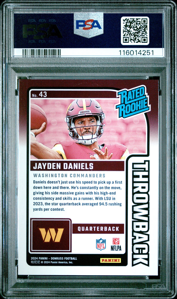 Graded 2024 Panini Donruss Jayden Daniels #43 Rated Rookies Throwback Rookie RC Football Card PSA 10 Gem Mint (ONLINE ORDER ONLY)