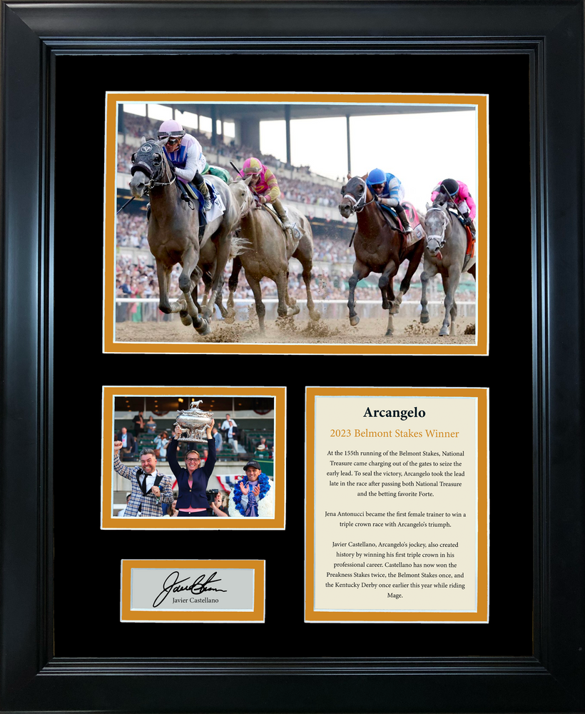 Framed Arcangelo 2023 Belmont Stakes Winner Javier Castellano Facsimile Laser Engraved Signature Auto 11"x14"Horse Racing Photo Sig Collage (ONLINE ORDER ONLY)