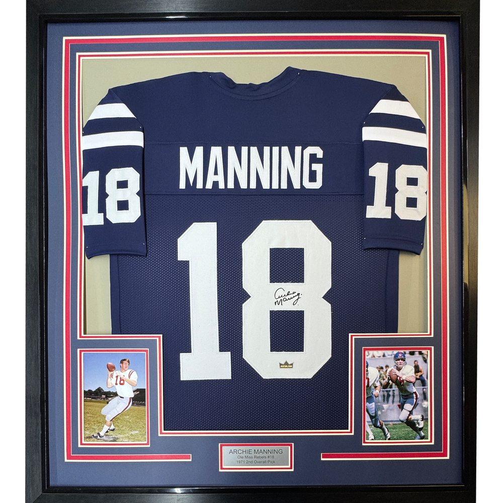 Framed Facsimile Autographed Archie Manning 35x39 Ole Miss Blue Reprint Laser Auto College Football Jersey Size Men's XL (ONLINE ORDER ONLY)