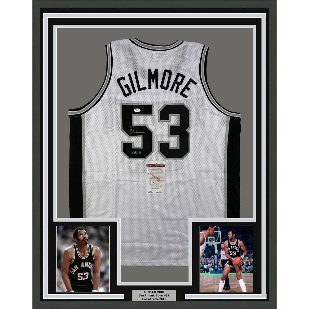 Framed Autographed/Signed Artis Gilmore HOF 11 35x39 San Antonio White Basketball Jersey JSA COA