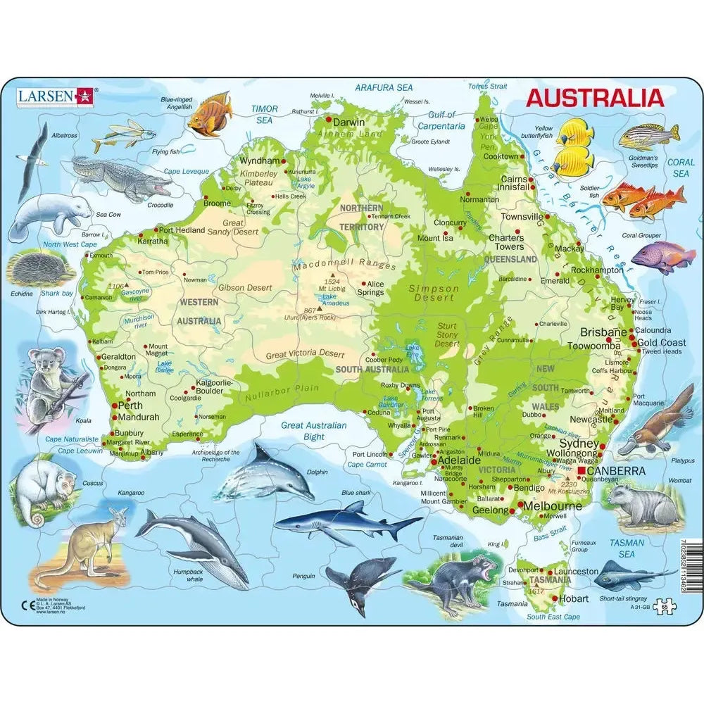Australia Topographic Map 65 Piece Tray Jigsaw Puzzle Larsen (ONLINE ORDER ONLY)