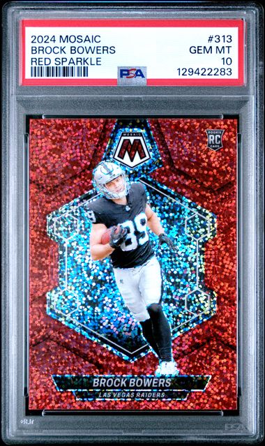 Graded 2024 Panini Mosaic Brock Bowers #313 Red Sparkle Rookie RC Football Card PSA 10 Gem Mint