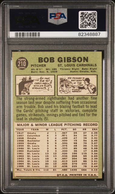Graded 1967 Topps Bob Gibson #210 Baseball Card PSA 7 Near Mint (ONLINE ORDER ONLY)